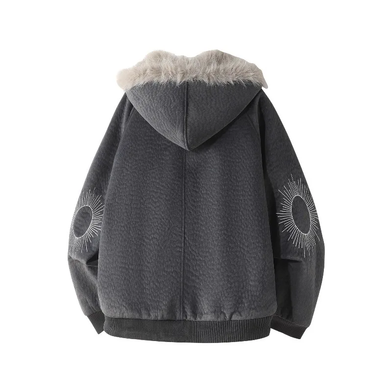 Herren Jacke Harajuku Winter Fleece Gefüttert Pelz Kragen Mit Kapuze Baumwolle Mantel Dicke Warme Lose Fit High-End Casual Streetwear Fashion