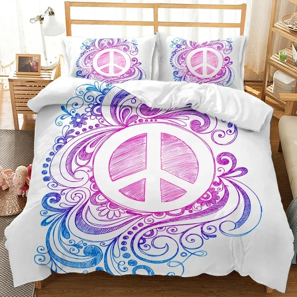 

Hippie Peace Art Duvet Cover Set Sign Artwork Bedding Set Comforter Rainbow 3pcs Polyester Quilt Cover for Kids Boys Girls