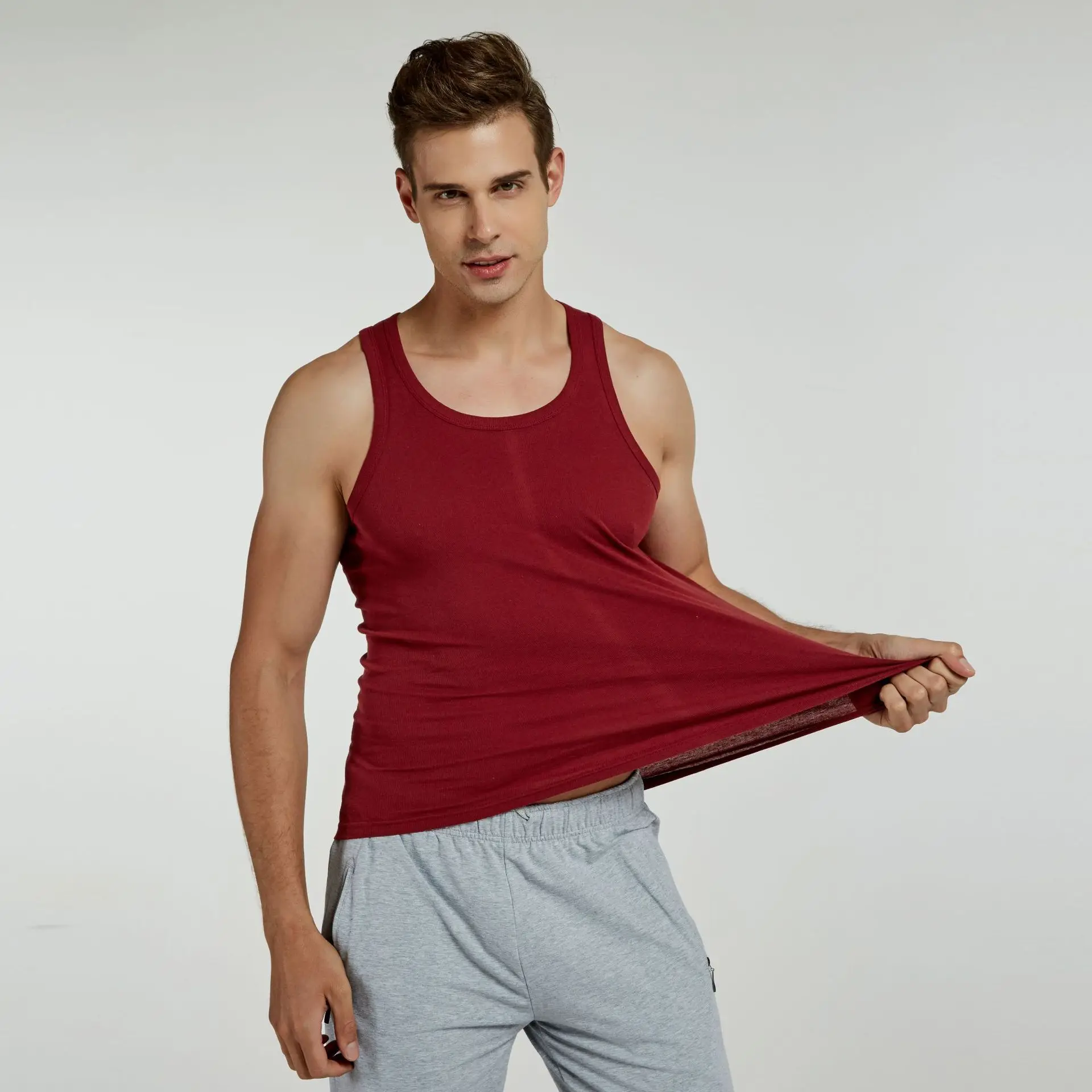 Summer Men\'s Pure Cotton Slim Fit Tank Top With Leisure Sports Bottom Soft and Comfortable All Cotton Men\'s Sweat Tank Top