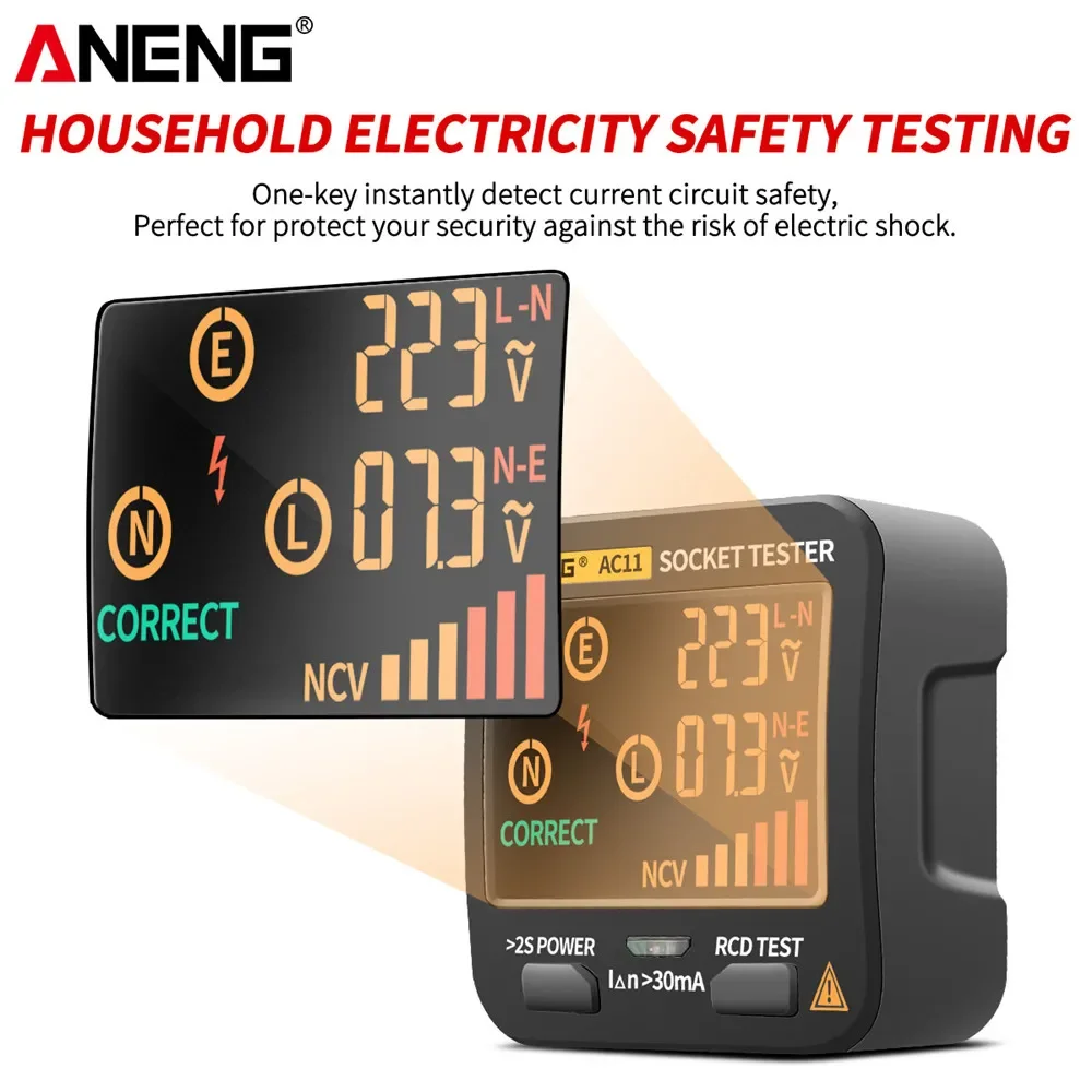 

ANENG AC11 Digital Smart Socket Tester Voltage Test Socket Detector US/UK/EU/AU Plug Ground Zero Line Phase Check Rcd NCV test
