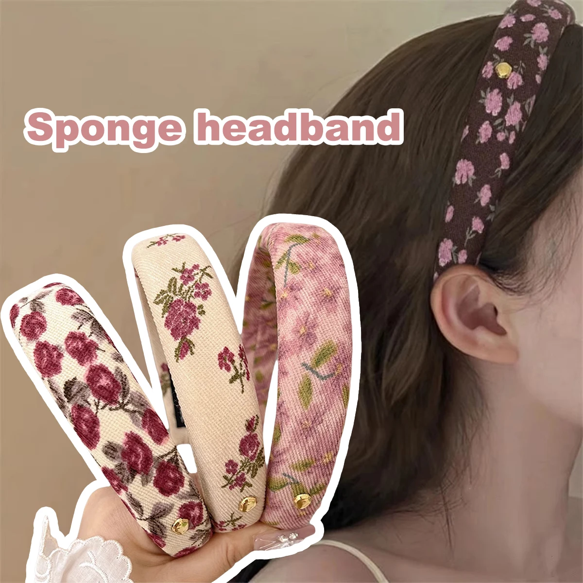 

Pastoral Style Floral Headband Retro Sponge Wide-Brimmed Headband Temperament High Skull Top Travel Hairpin Lace Simple
