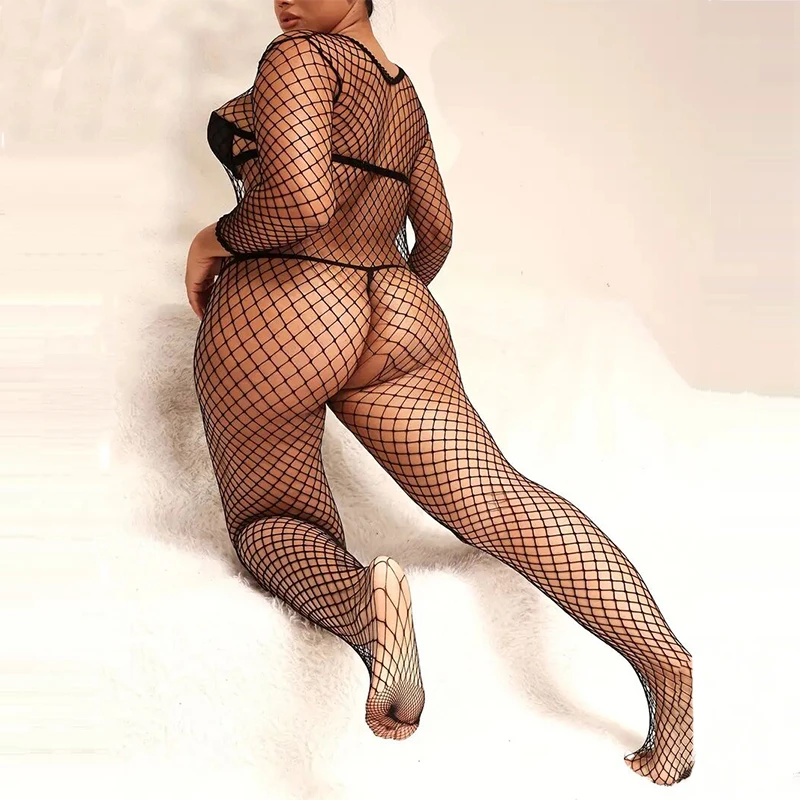 Sultry Plus Size Women Hot Body Stockings Crotchless Night Temptation Sexy Lingerie Long Sleeve High StretchLace Bandage Undies