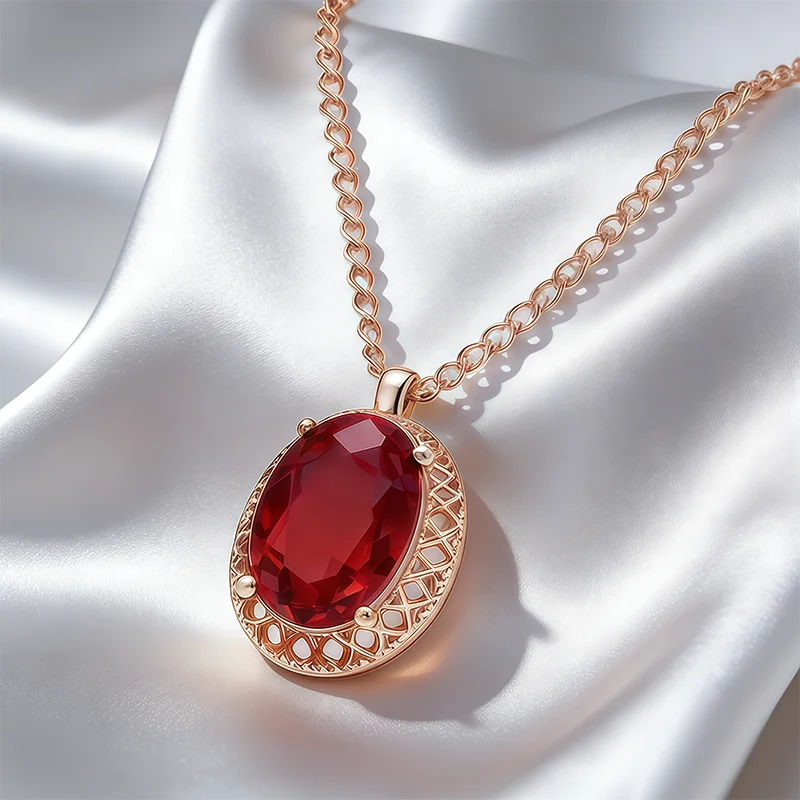 Wbmqda Roter großer Steinanhänger und Halskette für Damen, 585er Roségold, Retro-Schmuckzubehör