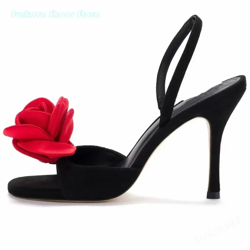 

Red Flower Decorated Satin Slingback Sandals Round Open Toe Thin High Heels Woman's Shoes Summer Fashion Sweet Modern Stilettos