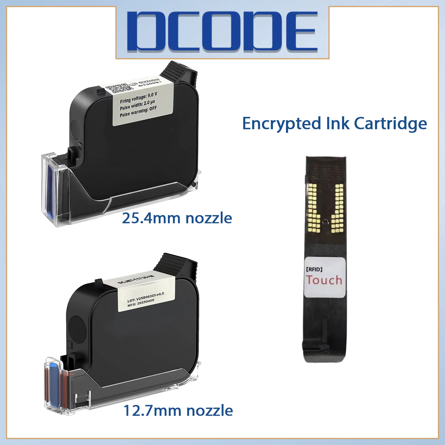 

Картриджи с шифрованием DCODE, сопло 12,7/25,4 мм, оригинальные чернила с высокой адгезией, черные быстросохнущие чернила с растворителем, термоструйный принтер