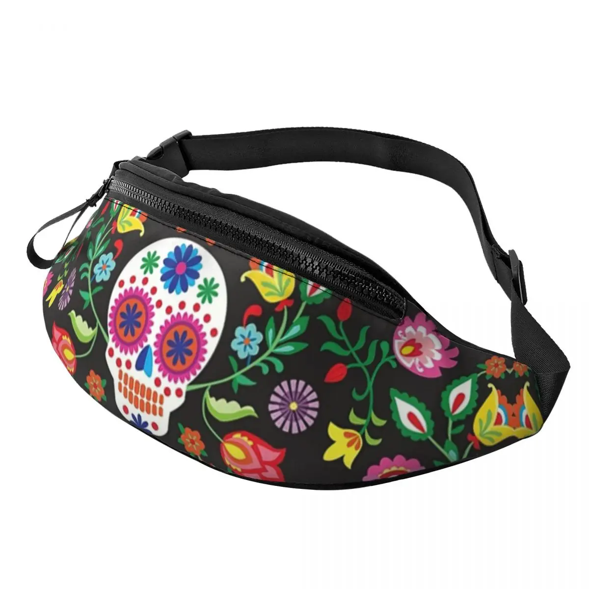 Cool Sugar Skulls Fanny Pack Women Men Mexican Flower Crossbody Waist Bag for Traveling Phone Money Pouch