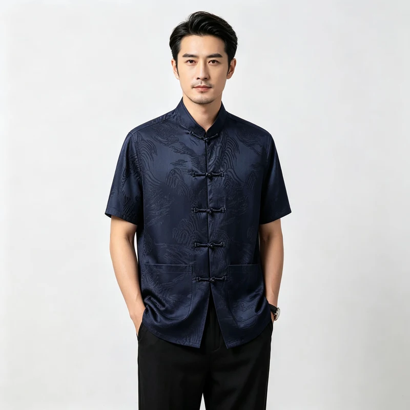 Men's Chinese Style Tang Suit Set Mountain Print Short Sleeve Shirt & Pants Vintage Mandarin Collar Frog Button Summer Lounge