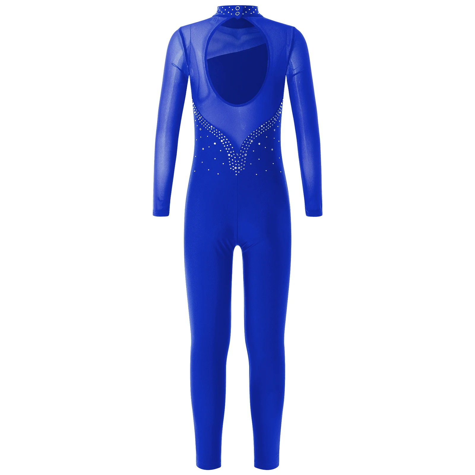 Kids Girls Sports Gymnastics Leotard Long Sleeve Shiny Rhinestone Hollow Back Figure Ice Skating Performance Workout Jumpsuit