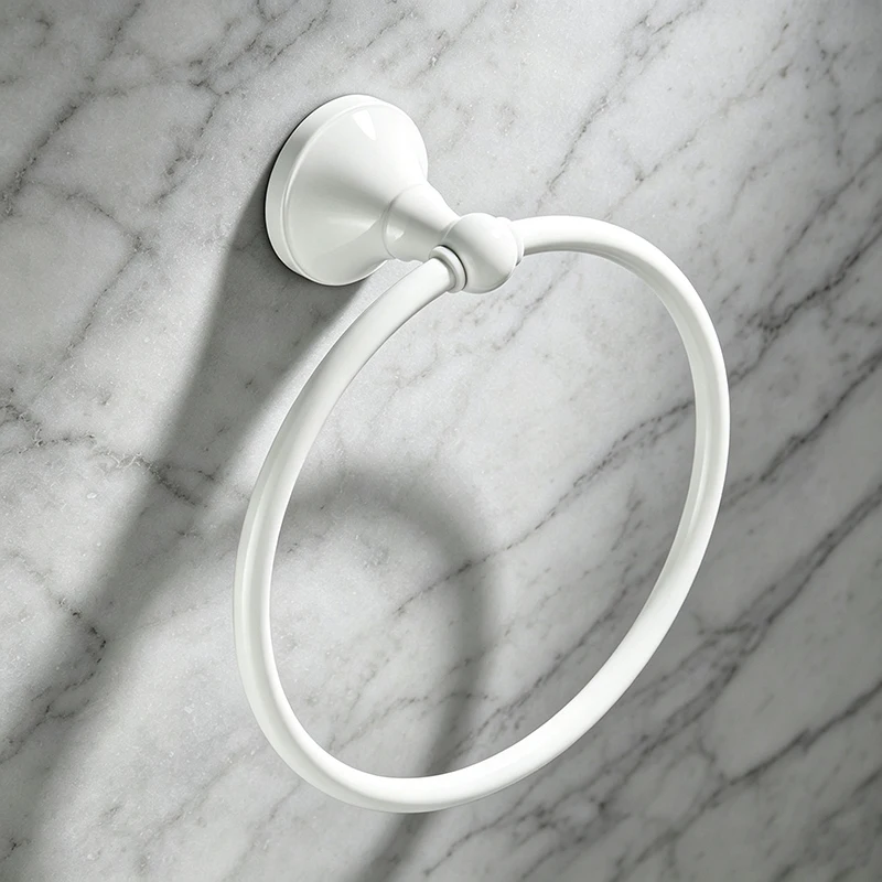Brass Wall Mount Towel Ring White Round Holder for Bathroom Hand Towel WC