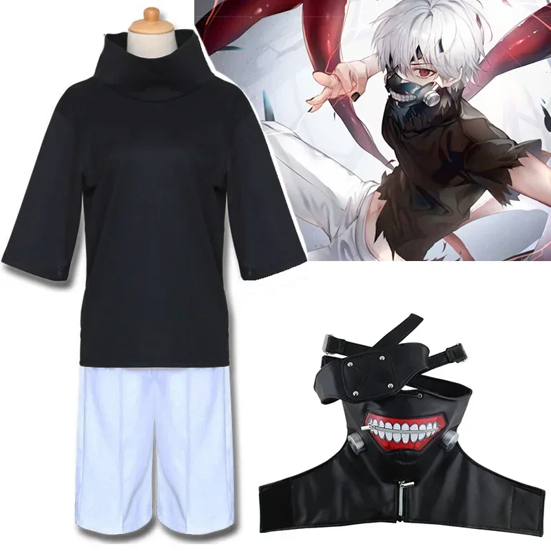 

Аниме Tokyo Ghoul Kaneki Ken Masker Косплей Костюм Рубашка Короткие топы Мужские женские наряд для вечеринки на Хэллоуин