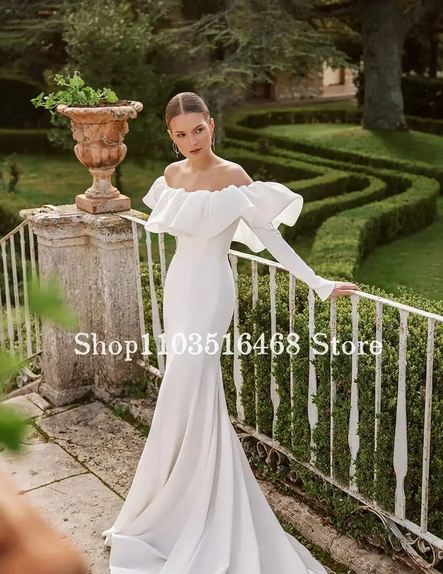 One Shoulder Satin Mermaid Wedding Dress 2024 For Women Elegant Long Sleeve Pleated Mermaid Tight Formal Wedding Dresses