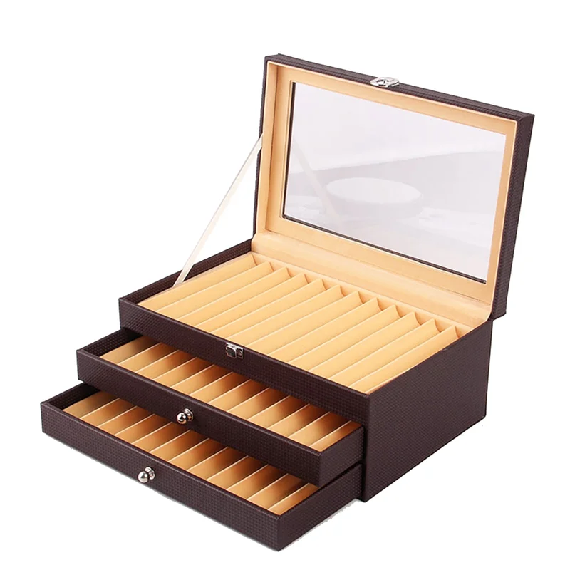 AGG-36 Slots Wooden Pen Display Storage Box Luxury 3 Layer PU Pen Case Glass Window Fountain Case Pen-Collection Organizer 4