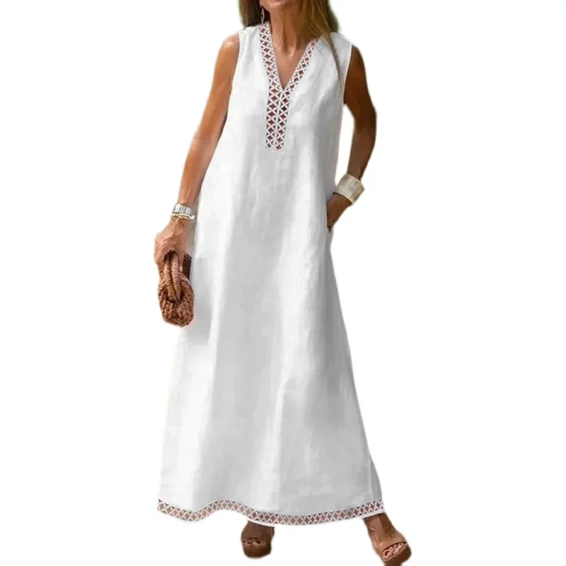 Vestido Casual Solto com Decote em V e Recortes em Renda, Estilo de Rua F, Saia Longa de Poliéster com Silhueta em A, ...