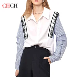 CHCH Women's New Splicing Striped Top Blue Business Commuter Women's Bottom Shirt