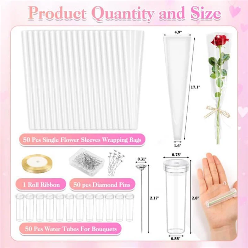 ABDJ-50 peças manga única rosa com tubos de água florais para buquês dia dos namorados dia das mães para o dia dos namorados da mãe