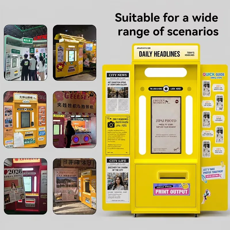 Custom vintage newspaper photo booth station retro selfie instant print function for party festival brand promotion operators