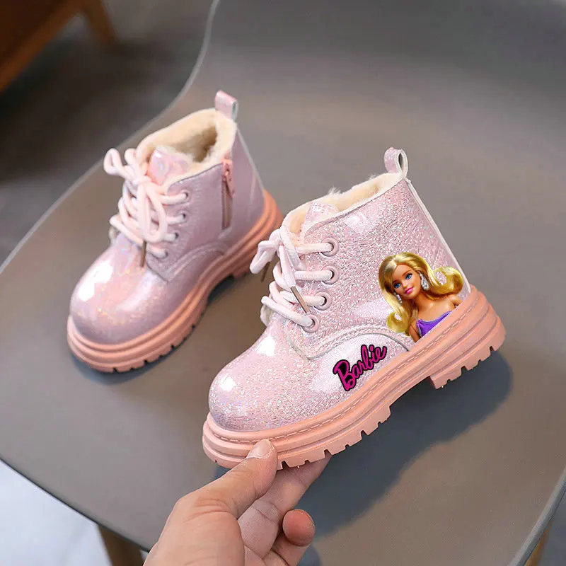 Girls Barbie Boots Winter Girls Plus Plush Snow Boots Children Cartoon Print Kids Warm Non-slip Flat Bottom Shoes