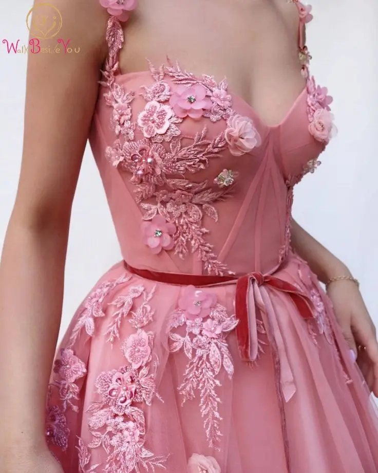 

Evening Dresses for Women 2023 Pink Floral Beaded Lace Applique Spaghetti Strap Sweetheart Tulle Long Prom Gown Formal Party