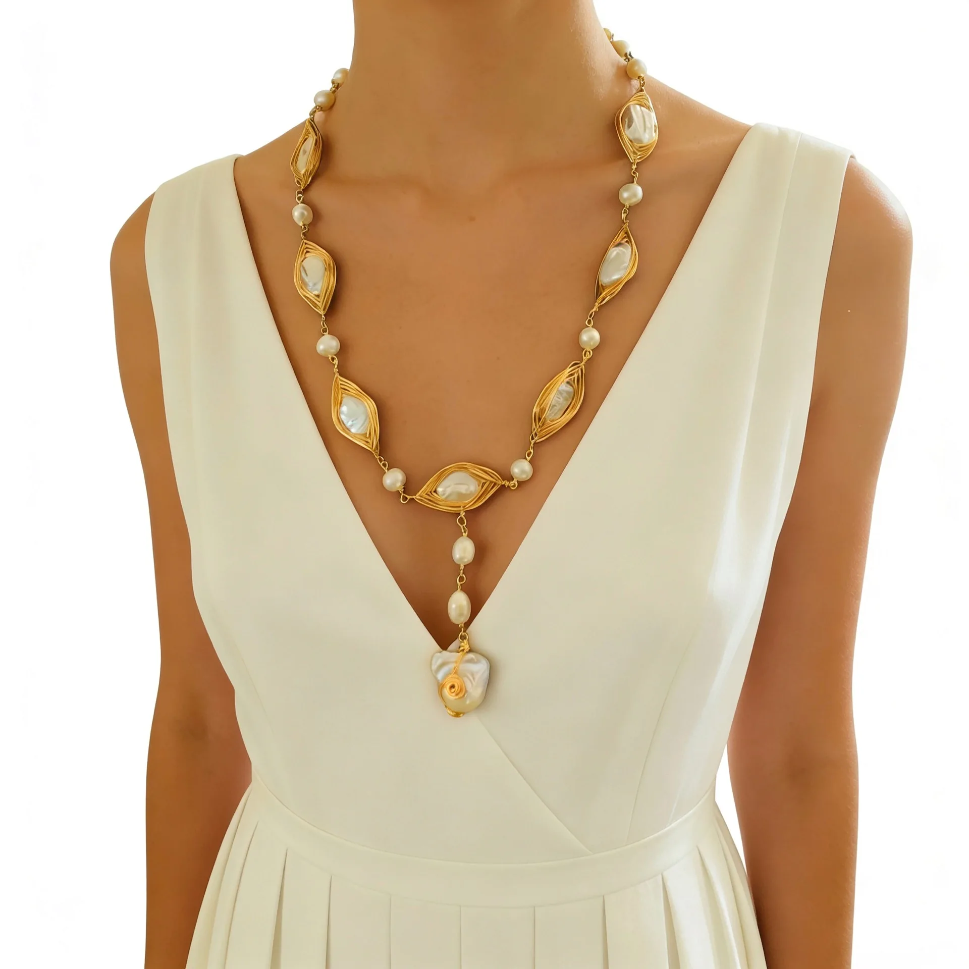 Hand Wire Wrapped Baroque Freshwater Pearl Necklace Vintage Elegant Irregular Pendant Long Sweater Chain Fashion Women Jewelry