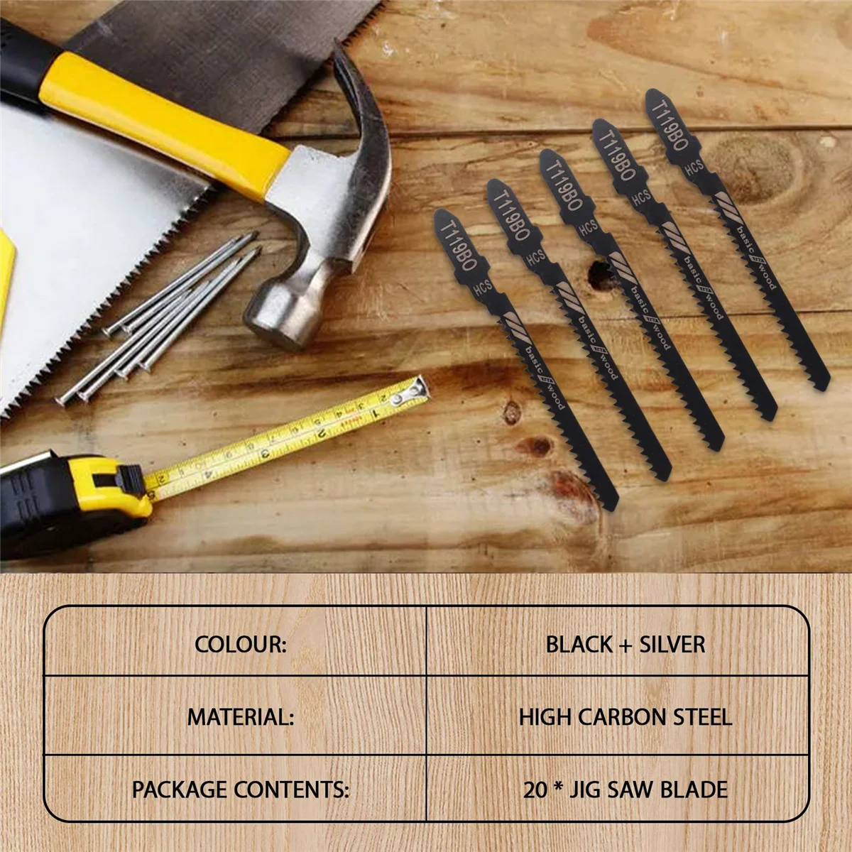 

20-Piece T119BO 12 TPI Assorted T-Shank Scrolling Jig Saw Blades Set for Precision Cutting Wood SSQ