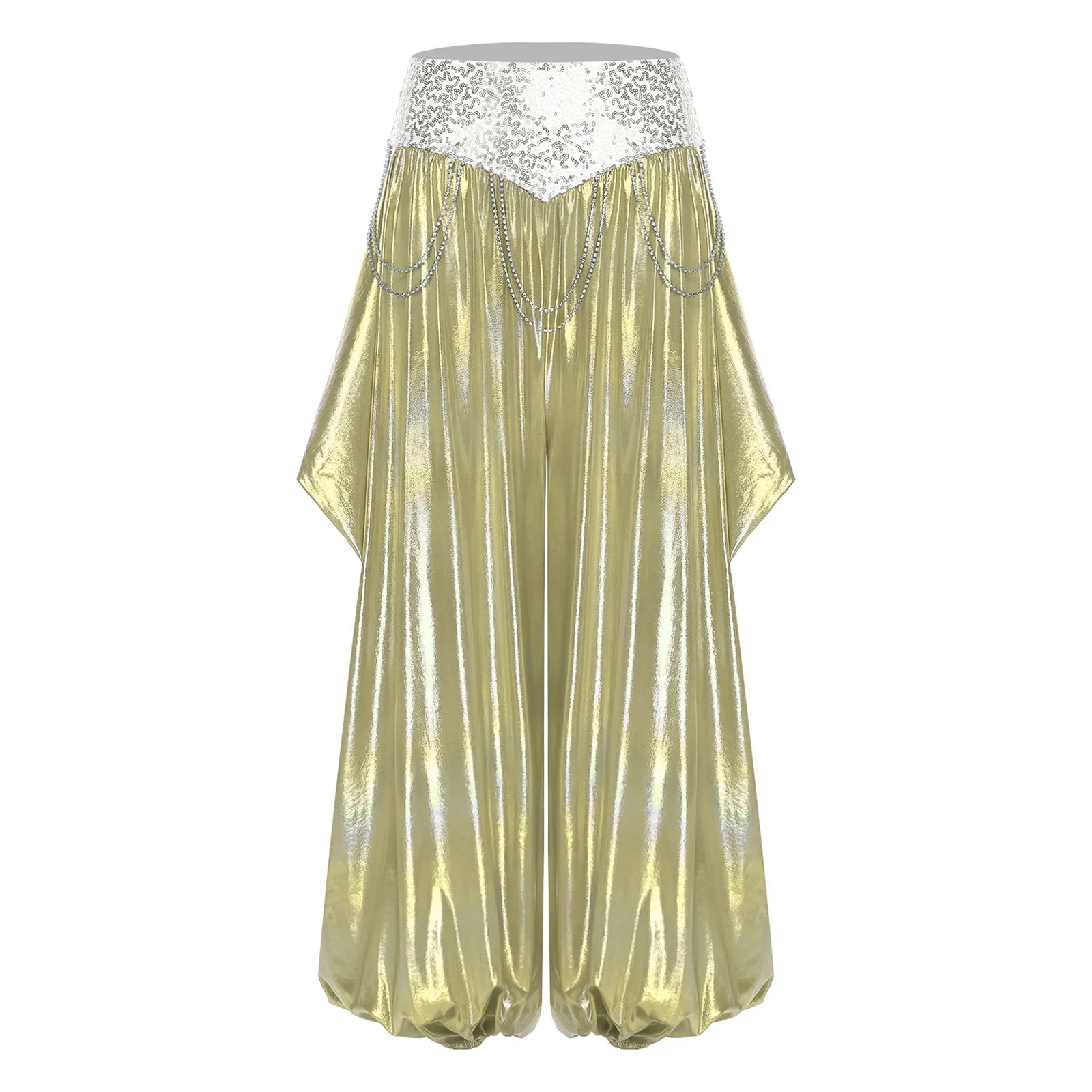 Mulheres strass correntes dança do ventre calças metálicas espumante lantejoulas cintura calças recorte solto bloomers traje de madeira do ventre