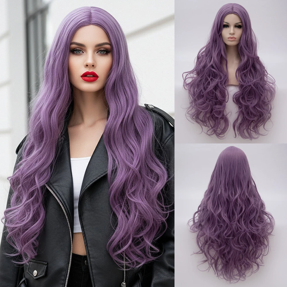 Purple With Bang Long Curl Synthetic Wig Heat Resistant for Women Halloween Daily Party