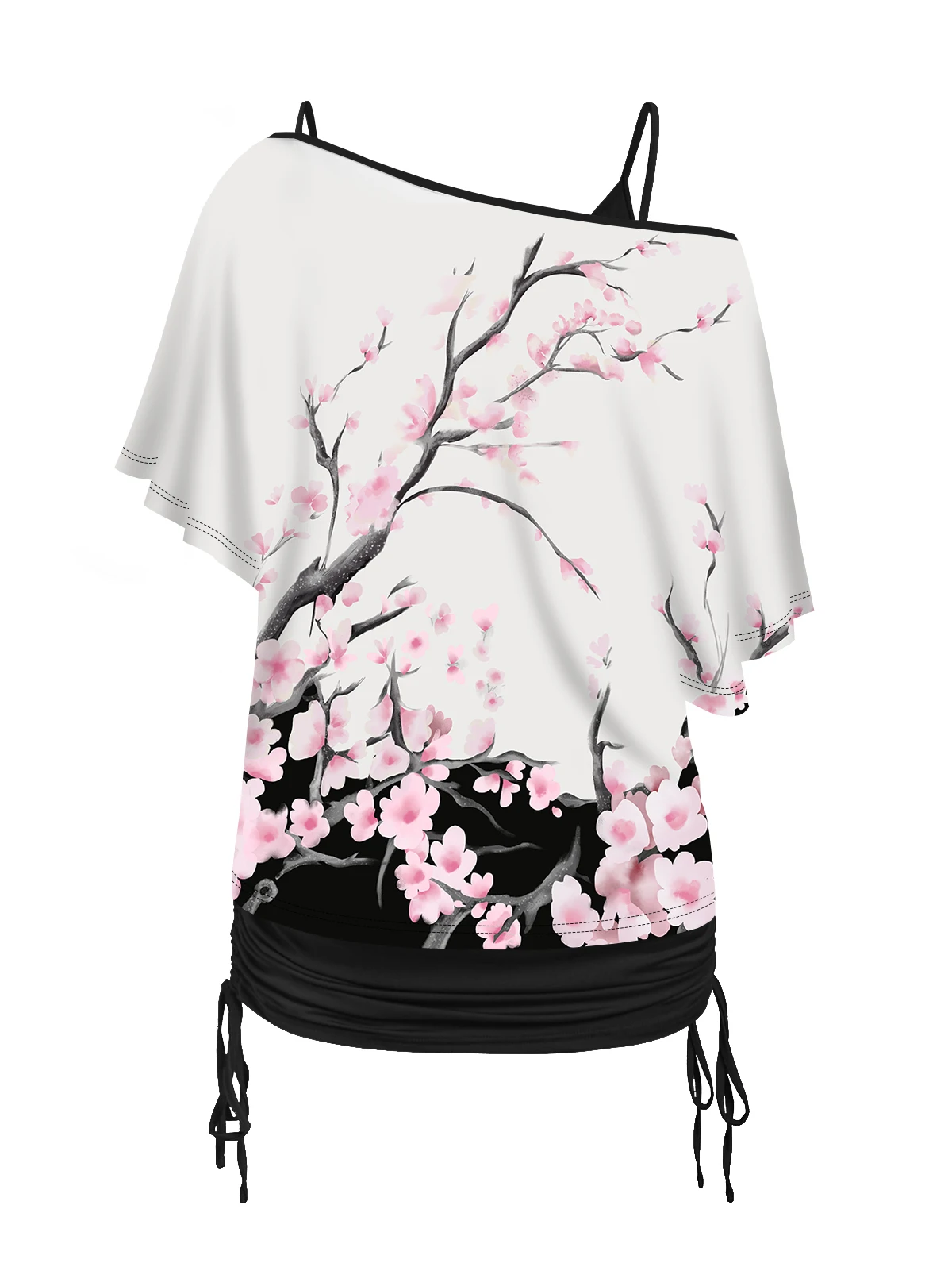 Dressfo 2024 Women\'s Shirts Tops Sets Plum Blossom Print Oblique Shoulder T-shirt And Cinched V Neck Camisole Two Piece Set