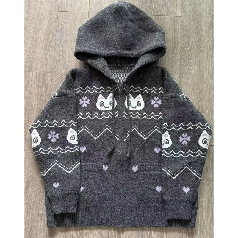 Sweet Cat Knit Sweater Women Spring Fall Jacquard Zip Cardigan Harajuku Y2K Cute Long Sleeve Hooded Preppy Style Casual Top