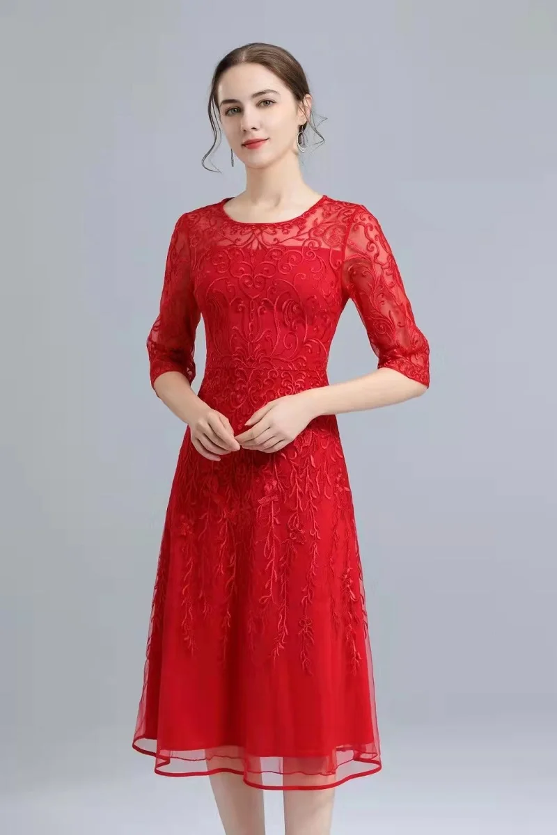 

4XL Dress Vestidos De Fiesta 2022 Autumn Party Events Women Allover Luxurious Embroidery Mid-Calf Red Yellow Dress Female 60s