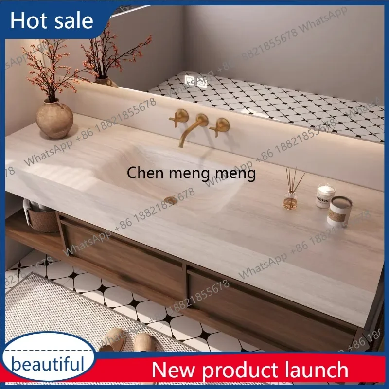 

P32 Medieval travertine rock slab hot bending seamless integrated basin bathroom cabinet combination washbasin