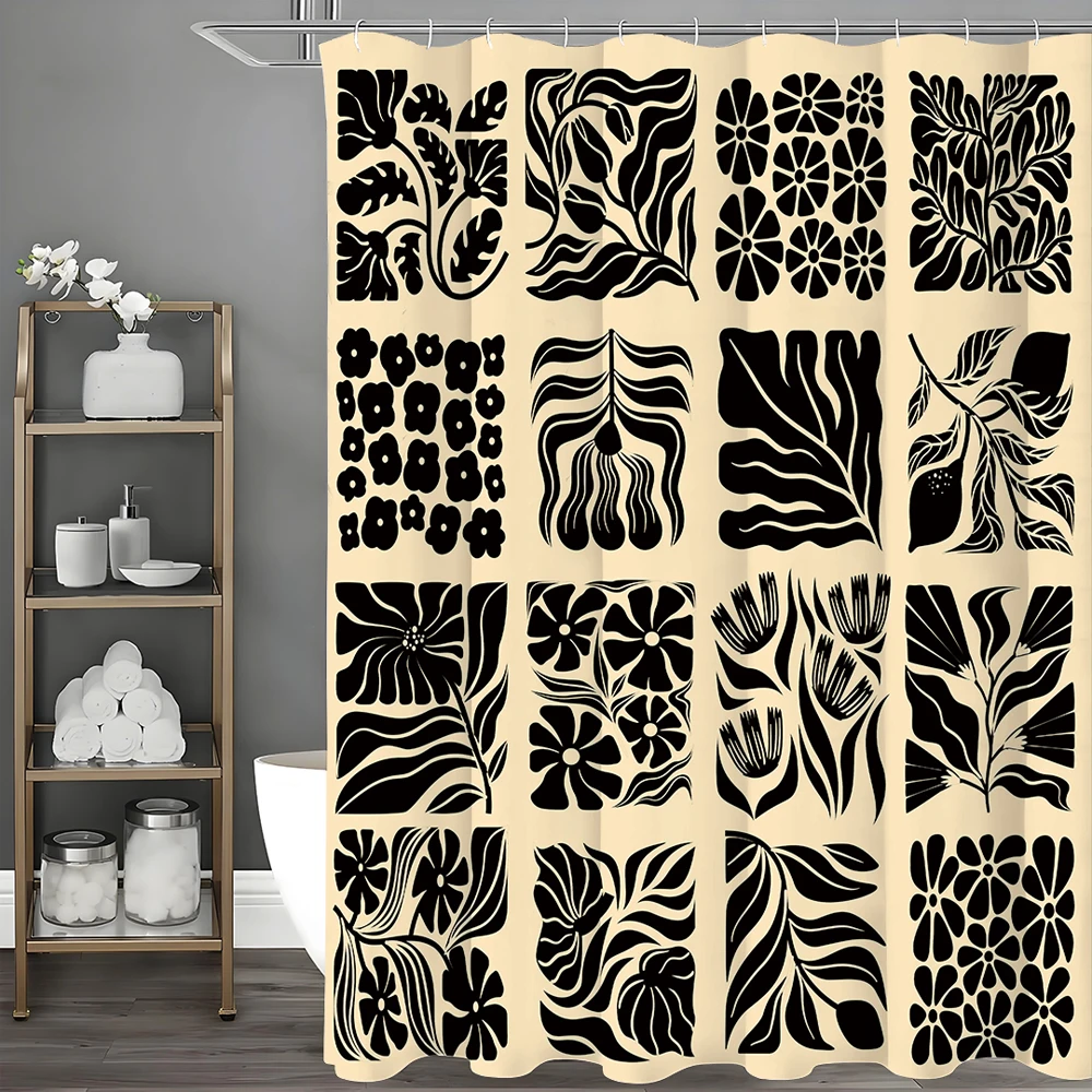 

Черная занавеска для душа с цветочным растением, декоративная занавеска для душа в ванной комнате, водонепроницаемая занавеска для душа с крючками