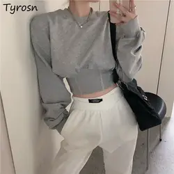 O-neck Sweatshirts Women Tie Waist Cropped Hoodies Chic Fashion Streetwear Leisure Designed New Spring Autumn All Match Slender