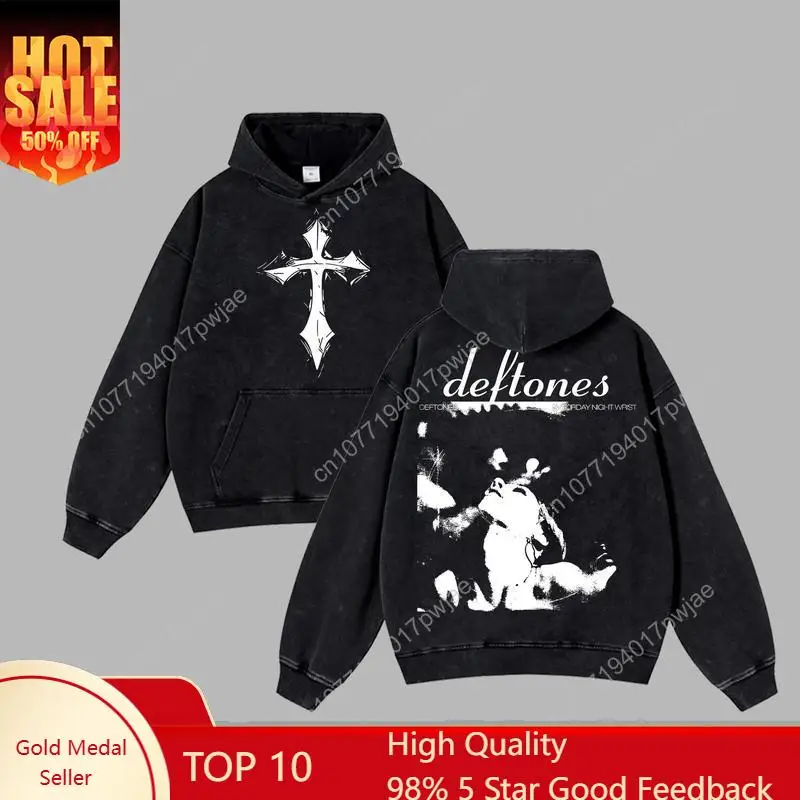 

[$$$ROCKLIFE] Deftones Band Saturday Night Wrist Washed Hoodie – Acid Washed Heavyweight Cotton, Classic Alternative metal Hoodi