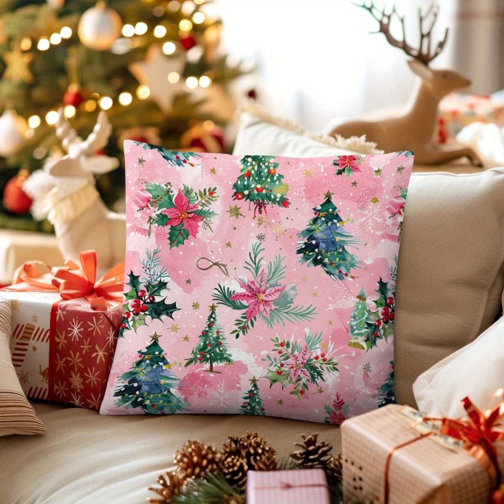 

Vintage Watercolor Style Christmas Tree, Holly, Poinsettia, Pink Snowflakes,Home Decoration Cushion Cover for Living Room, Sofa