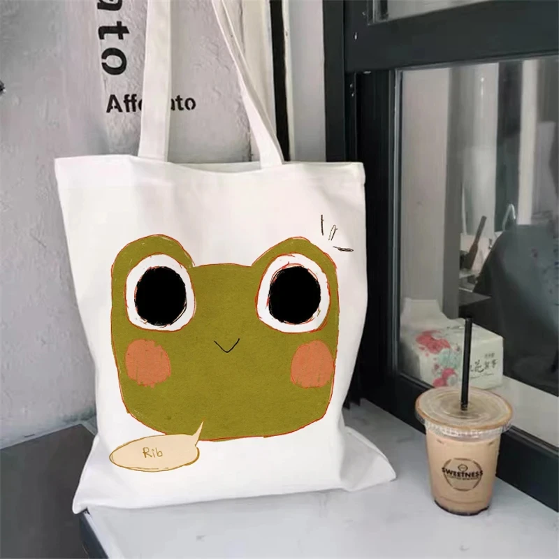 Cute Frog Pattern Printed Fashion Women's Canvas Bag Casual Women's Large Capacity Cartoon Shoulder Bag Y2k Women's Shopping Bag