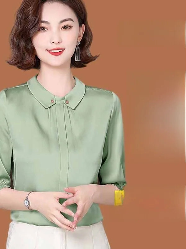 

Women's Real Silk Middle SVE Shirt Summer New Style Cleanfit Princess Sleeve Doll Collar Thin Five Sleeve Length Four Seasons