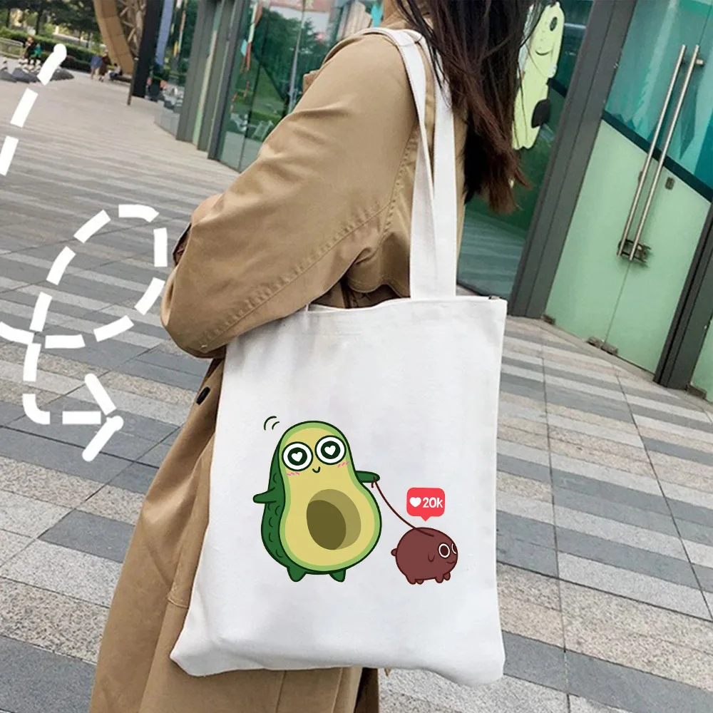 Cute kawaii Avocado Dog Cat Queen Happy Avocuddle Women's Canvas Tote Bag Shopper Cotton Handbag Shoulder Eco Books Shopping Bag