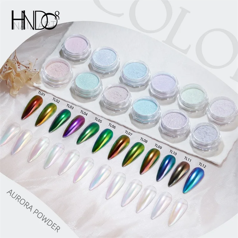 HNDO-Aurora Pó Cromo para Nail Art, 12 Color Shift Efeito Espelho, Manicure Design, esfregando Pigmento, Poeira Série TL, Novo