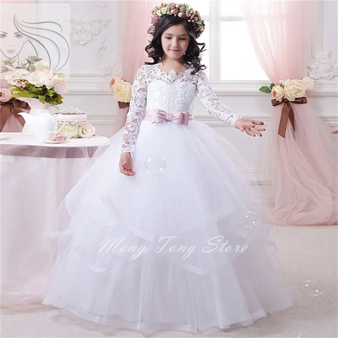 Flower Girl Dresses White Tulle Puffy Tiered Appliques With Pink Bow Long Sleeve For Wedding Birthday Party First Communion Gown