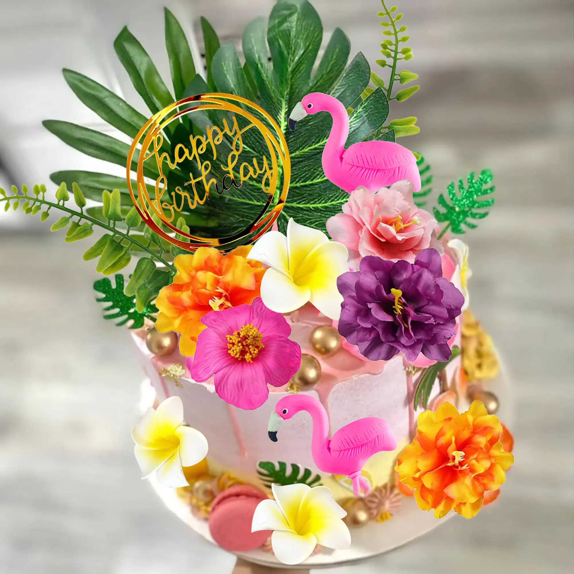 LaVenty Tropical Flamingo Geburtstagstorte Topper Strand Kuchen Dekorationen Hawaiianische Kuchen Topper Strand Kuchen Dekorationen für Geburtstag – Detail 4