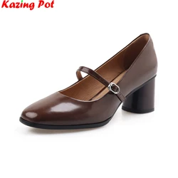 Krazing Pot Cow Leather Slip On Fall Shoes Shallow Brand High Heels Mature Mary Janes Vintage Concise Office Lady Women Pumps