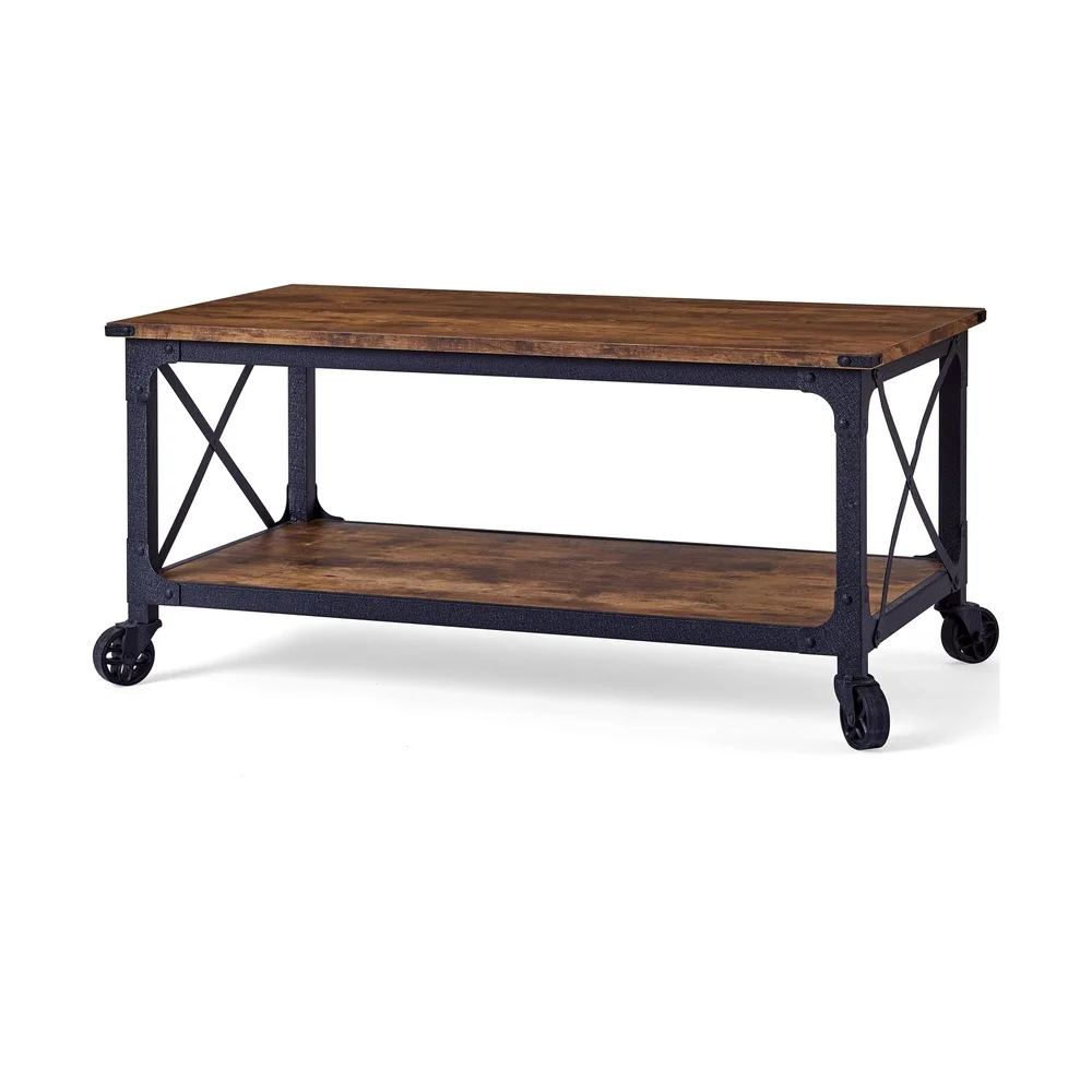 Rustic Coffee Table Weathered Pine Finish Industrial Design Open Shelving Multi-functional TV Stand with Locking Casters Indoor