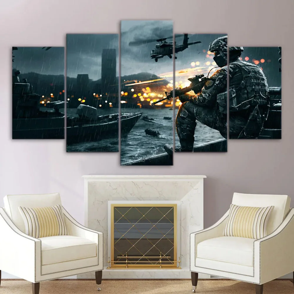 5 Pieces Diy Diamond Wall Art Game Battlefield Scenario Picture Mosaic Home Decor Full drill A Gun Soldier Photo Bedroom Mural