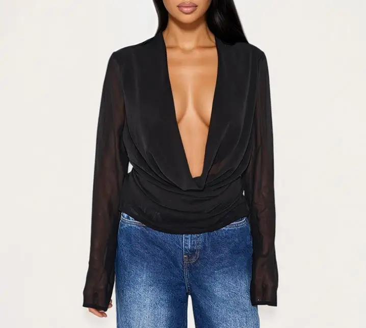 

2025 autumn and winter new fashion casual deep V-neck chiffon mesh transparent long sleeved scarf shirt top women's clothing