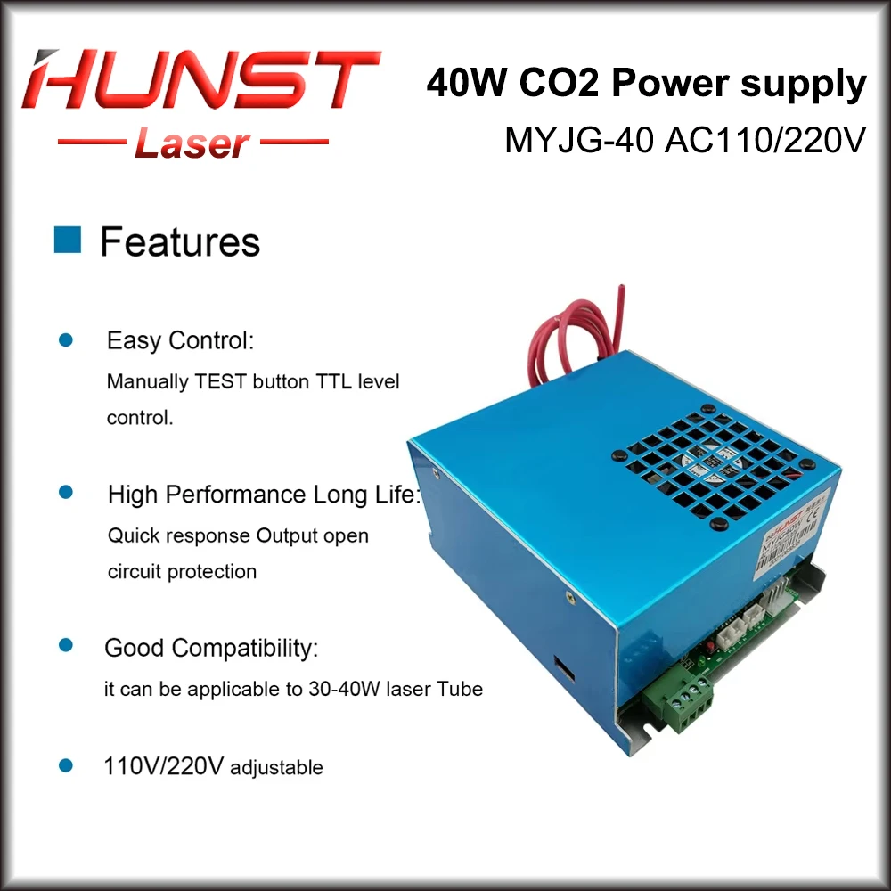 Hunst 40W CO2 Laser Power Supply 110V/220V for 30W 40W 50W K40 Engraving Cutting Machine MYJG-40W Laser Generato