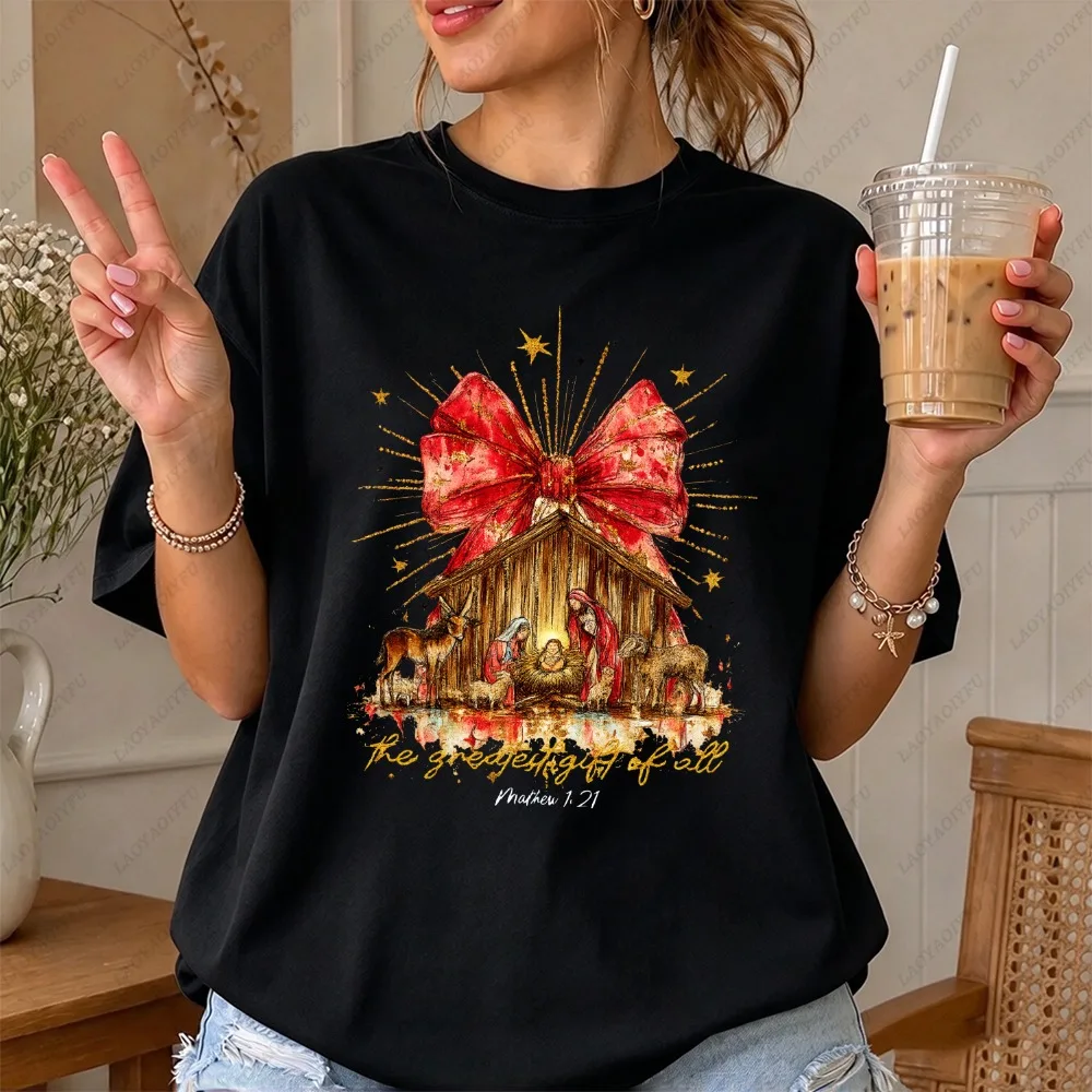 Red Bow Christmas Nativity The Greatest Gift Print Women Religious Faith Holiday Short Sleeve Christian Festive Casual Top