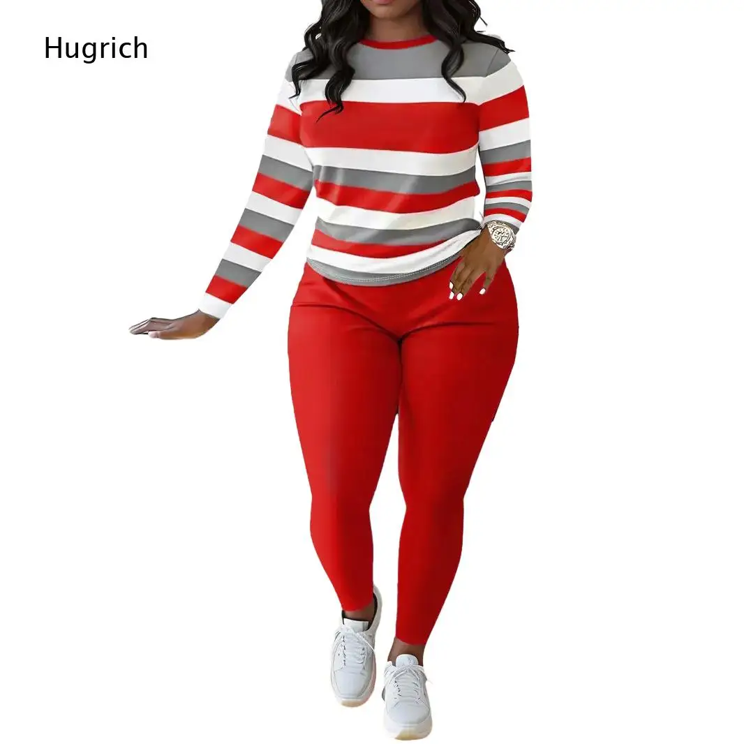 Curvy Women Daily Two Piece Set Color Gradient Stripe Long Sleeve Top Solid Black Slim Fit Ankle Length Pants Matching Suit
