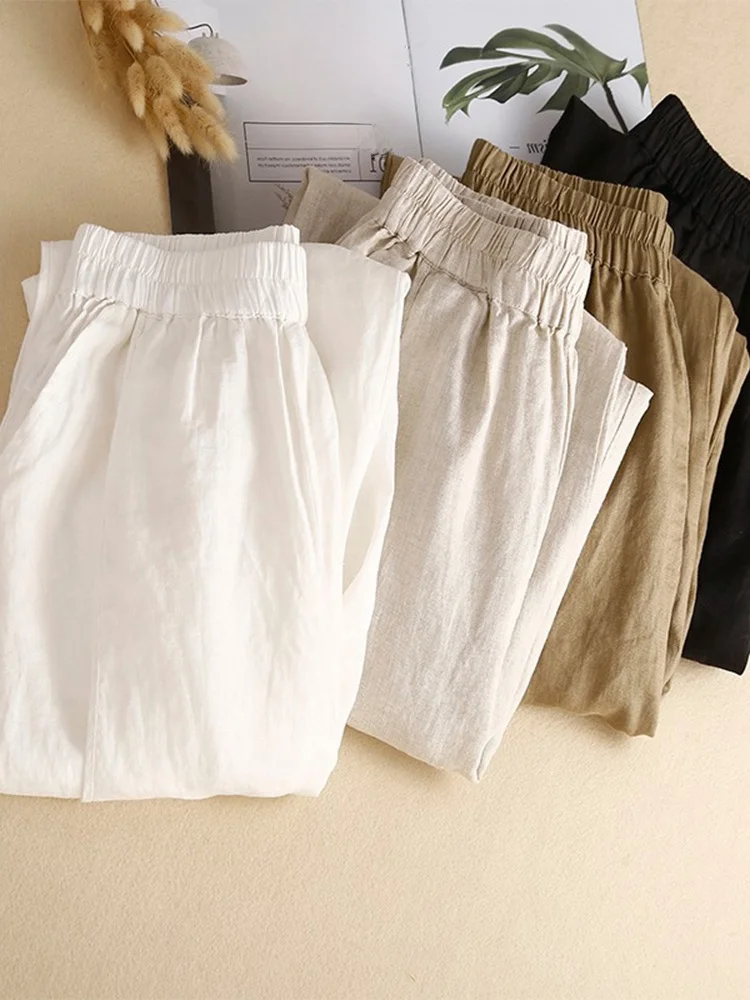 Spodnie damskie z wysokim stanem, luźny krój, długość 7/8, haremki, casualowe, z lnu, vintage, z detalami na zamek, model wyszczuplający.