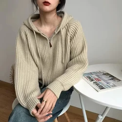 MEXZT Hooded Knitted Cardigan Women Fashion Cropped Sweater Outerwears Winter Streetwear Knitwear Korean Long Sleeve Jumpers New