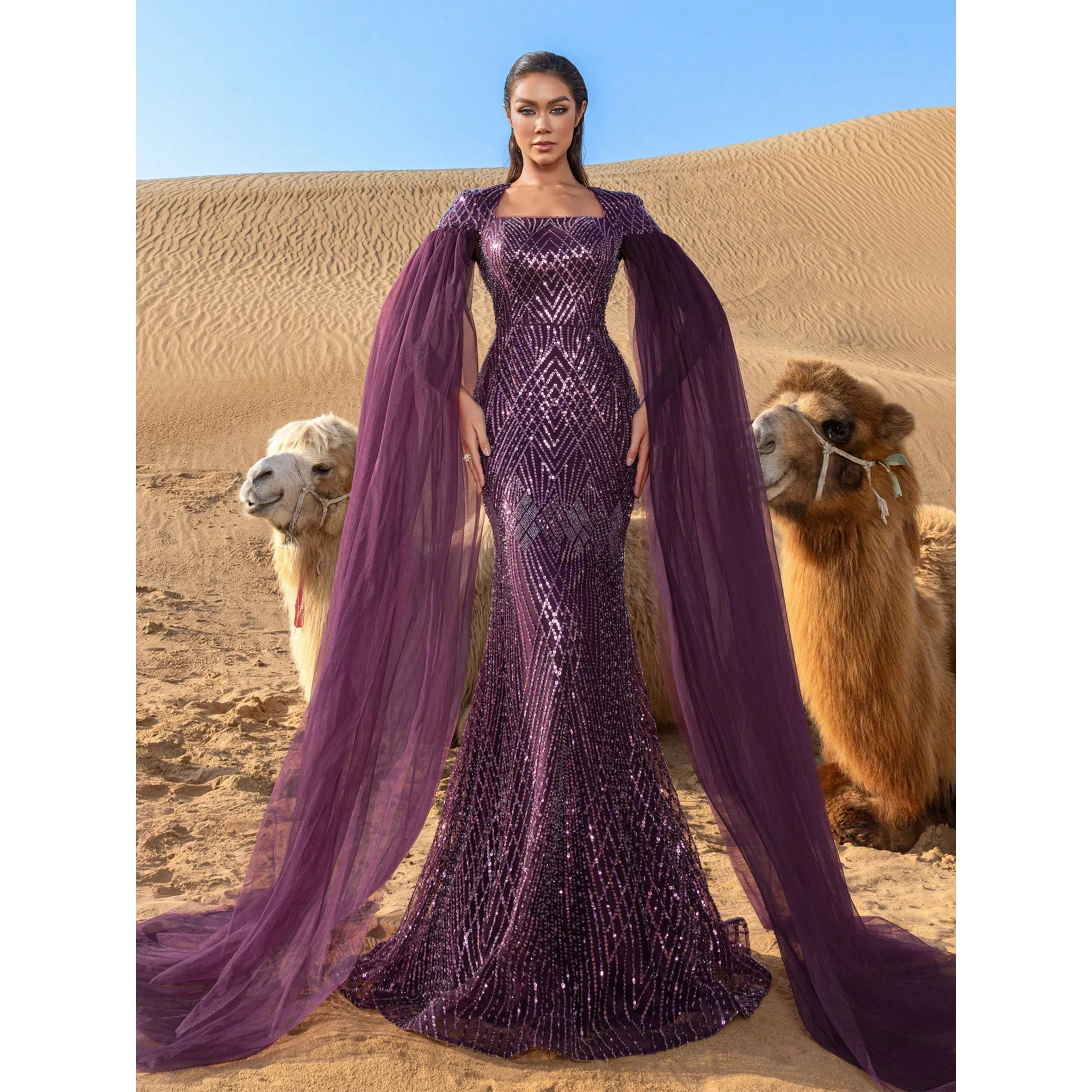 

Luxury Square Collar Extra-Long Sleeves Graphic Beaded Formal Party Dress